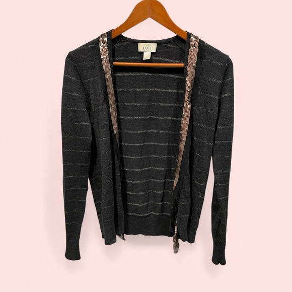 Cute loft lightweight wool blend charcoal metallic stripe mesh sequin sweater - Picture 1 of 9